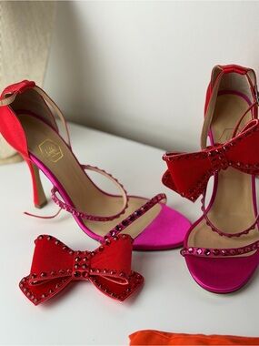 BRAND NEW NALEBE Red Bow Ankle-Strap Gemstone Sandals - Women